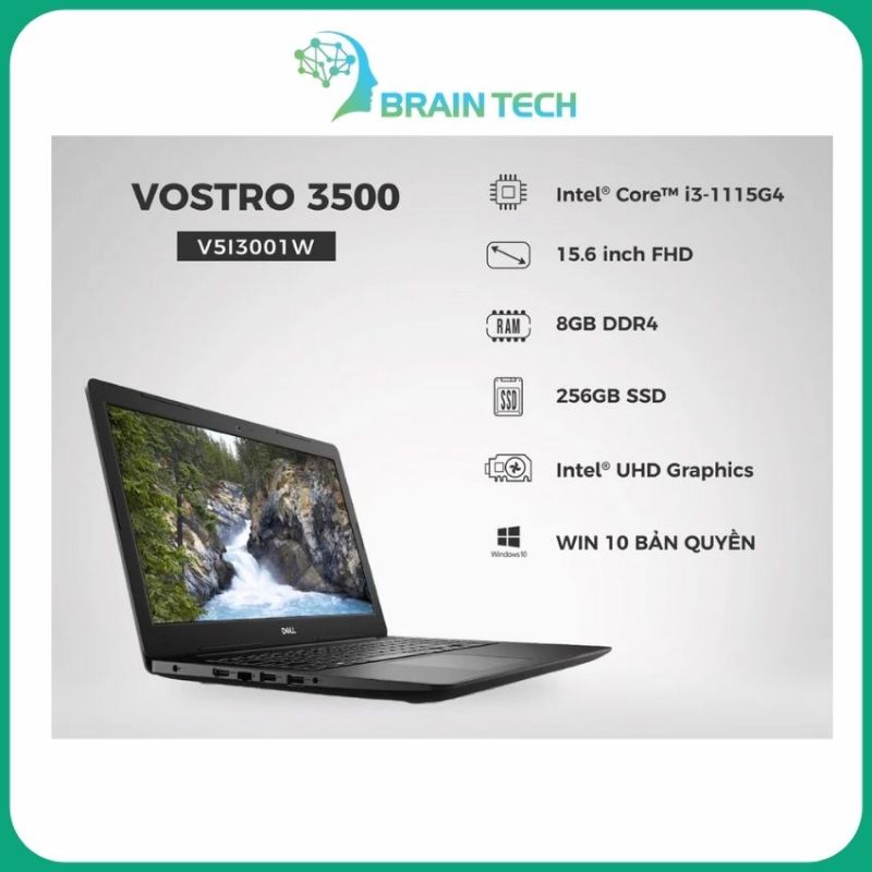 [Freeship] Laptop Dell Vostro 3500 (V5I3001W)/ Black/ Intel Core i3-1115G4 (up to 4.10 Ghz, 6MB)/ RAM 8GB DDR4/ 256GB SSD/ Intel UHD Graphics/ 15.6 inch FHD/ 3 Cell 42 Whr/ Win 10/ 1 Yr Pro Support -Braintech- BR138 Hàng Chính Hãng