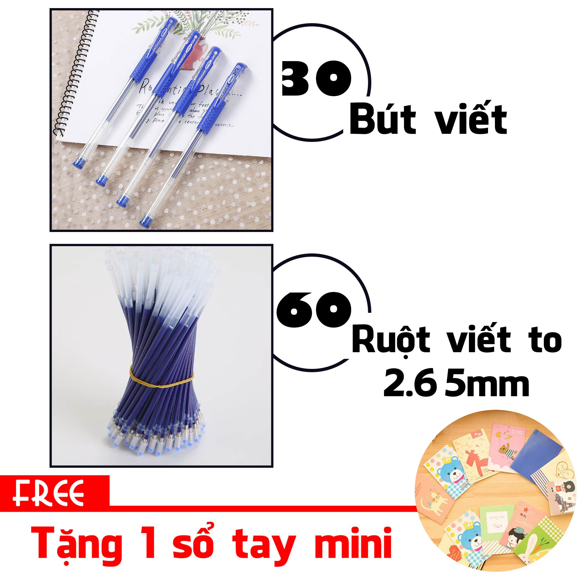 Combo 30 Bút Mực Nước Bi Gel + 60 Ruột Ngòi Viết
