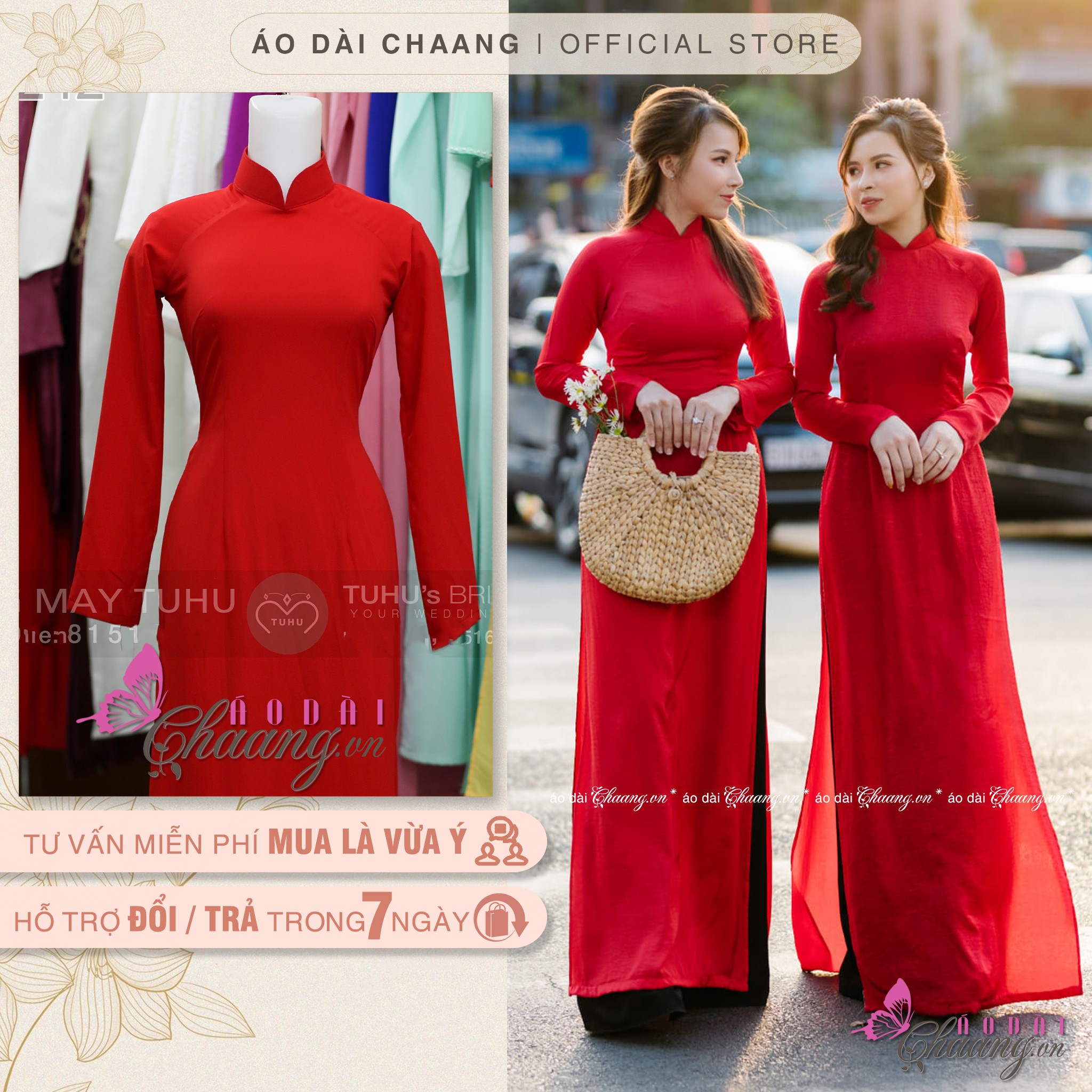 Áo Dài Truyền Thống Màu Đỏ Tươi Cổ Cao Phù Hợp Lễ Tết Cưới Hỏi | Lazada.Vn
