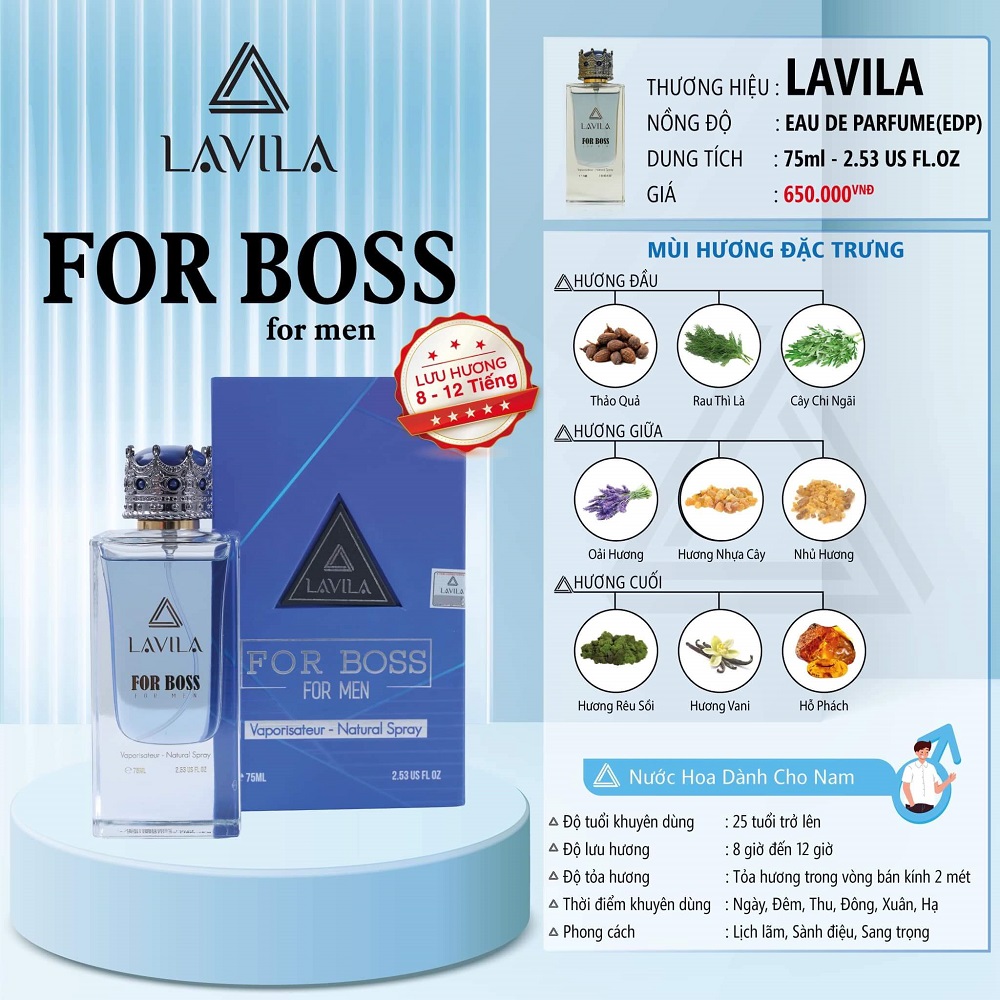 Nước hoa nam thơm giữ mùi lâu 24h LAVILA For Boss phong cách gợi cảm, quyến rũ, lôi cuốn, lưu hương cực lâu từ 8-12 giờ 75ml - Nước Hoa Lavila Chính Hãng