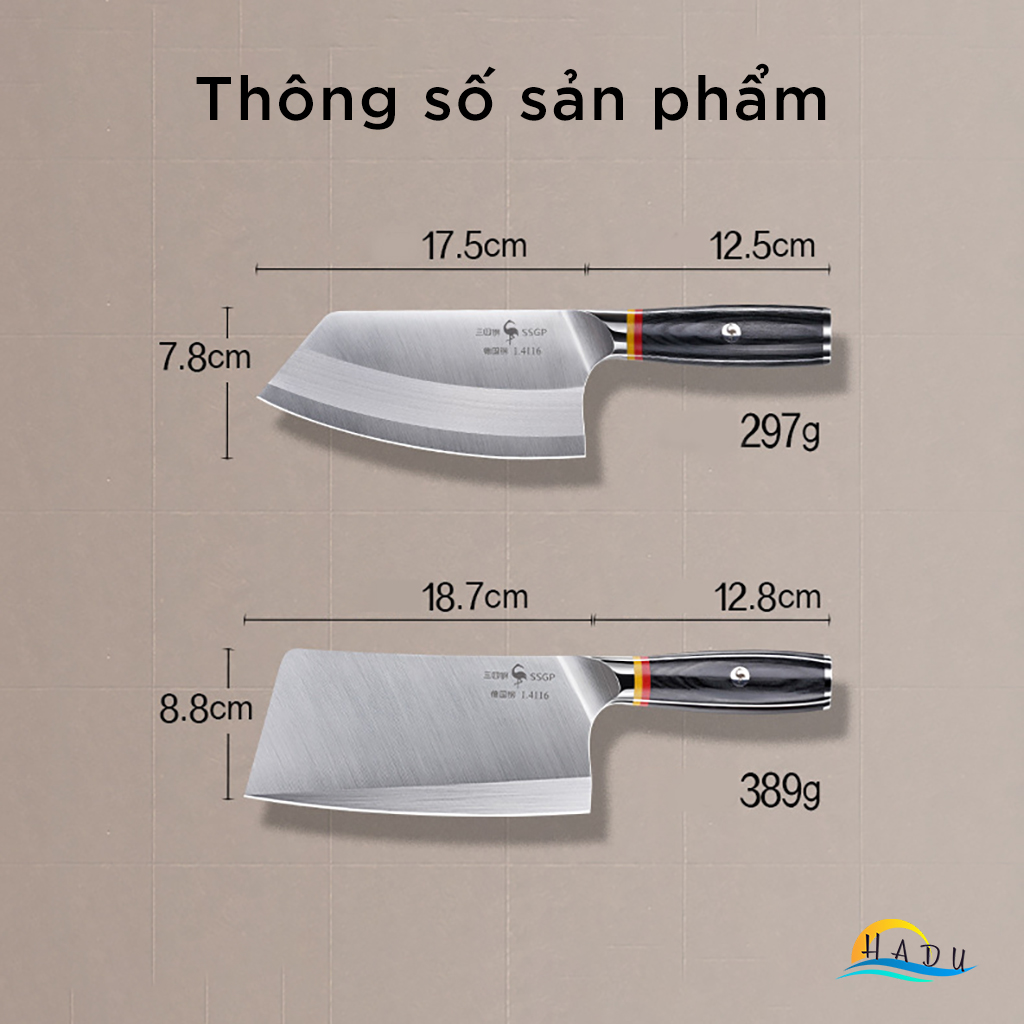 Dao Bếp Thép Đức 1.4116 SSGP (Độ Cứng 58HRC), Gồm Dao Thái Thịt và Dao Chặt Xương Siêu Bén, Lưỡi Mài Góc 15 Độ, Cán Gỗ, Cao Cấp Đạt Chất Lượng LFGB Đức