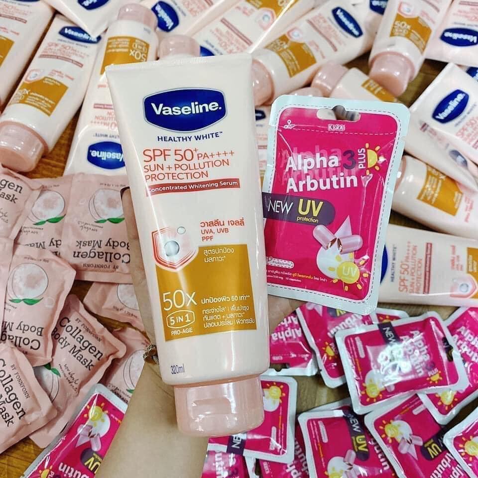 Mẫu mới - combo dưỡng da vaseline 50x và viên kích trắng chống nắng new uv alpha arbutin 3 plus vỉ 10 viên