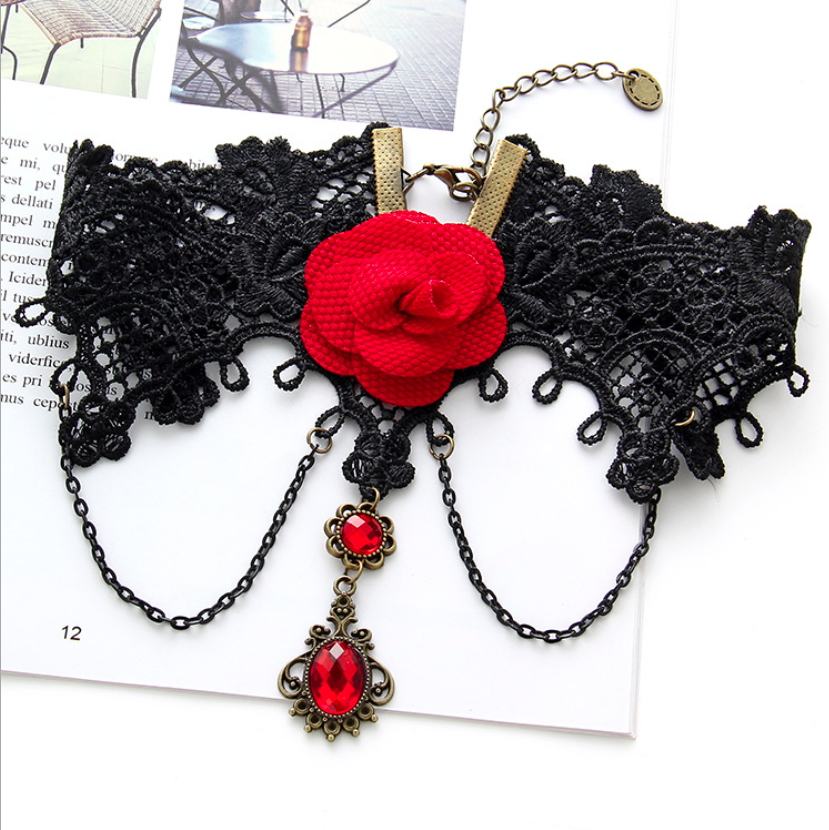 [HCM]Vòng cổ choker ren đen bông hồng đỏ phá cách