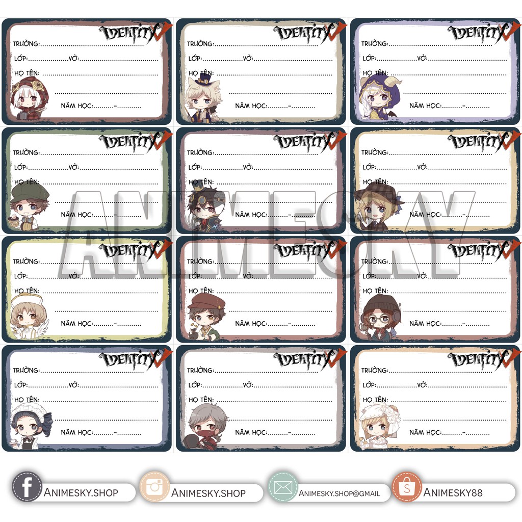 Nhãn vở game Identity V 1 bộ 12 mẫu