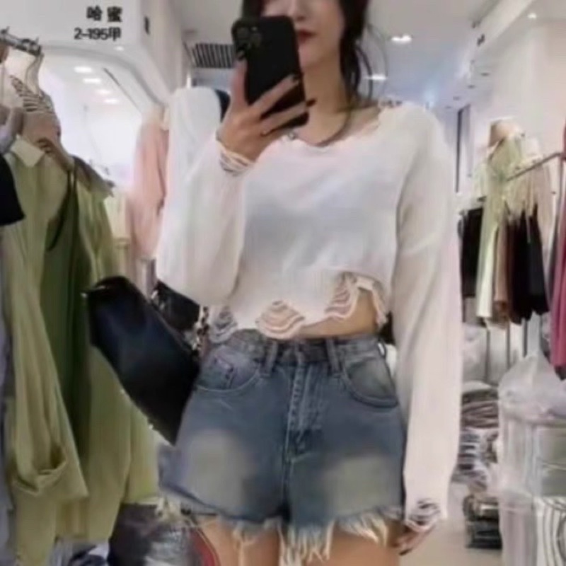 áo len dệt kim mỏng kiểu rách dáng croptop (có đệm vai) (1240#)