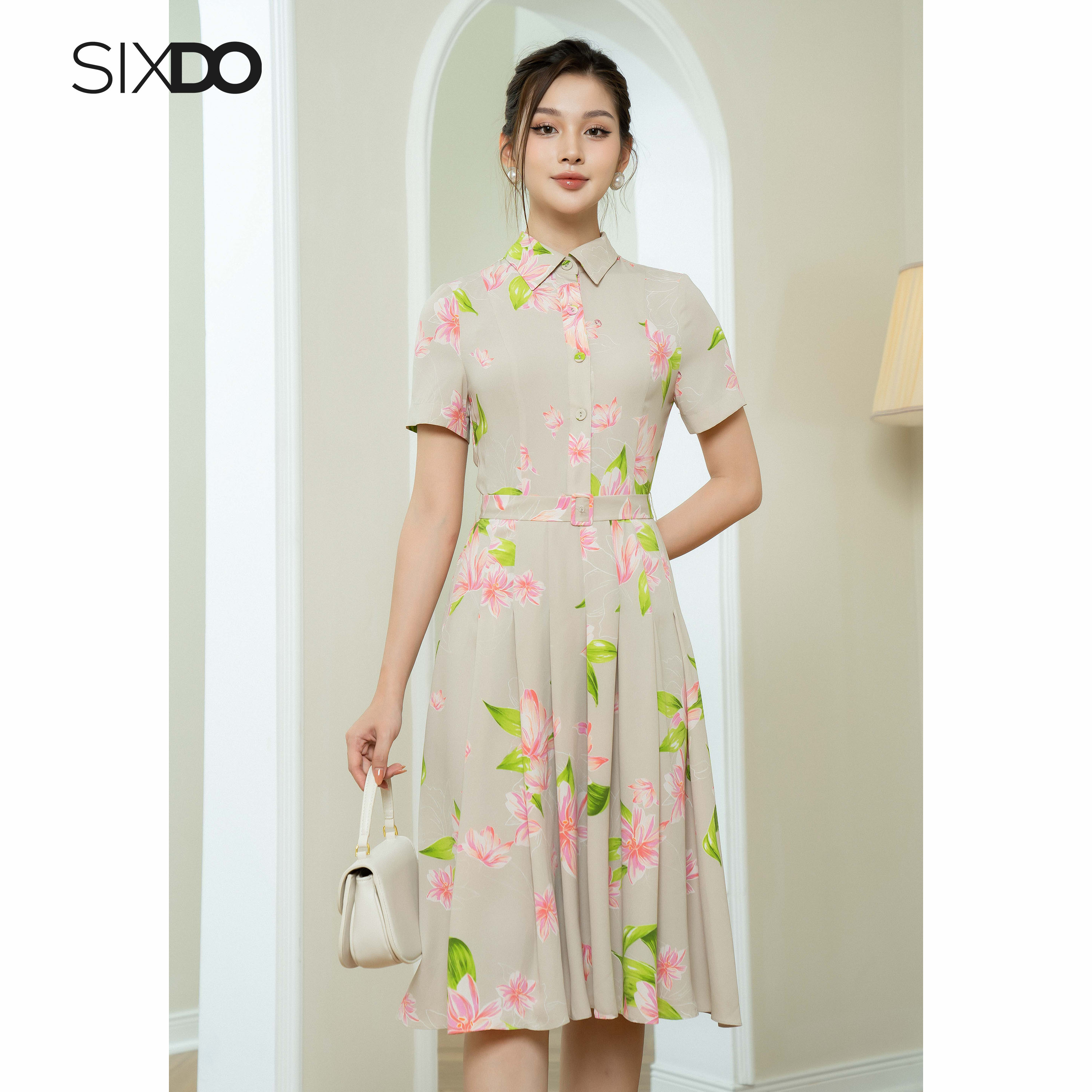 Đầm lụa hoa lily cổ sơ mi SIXDO (Dark Beige Lily Midi Silk Dress)