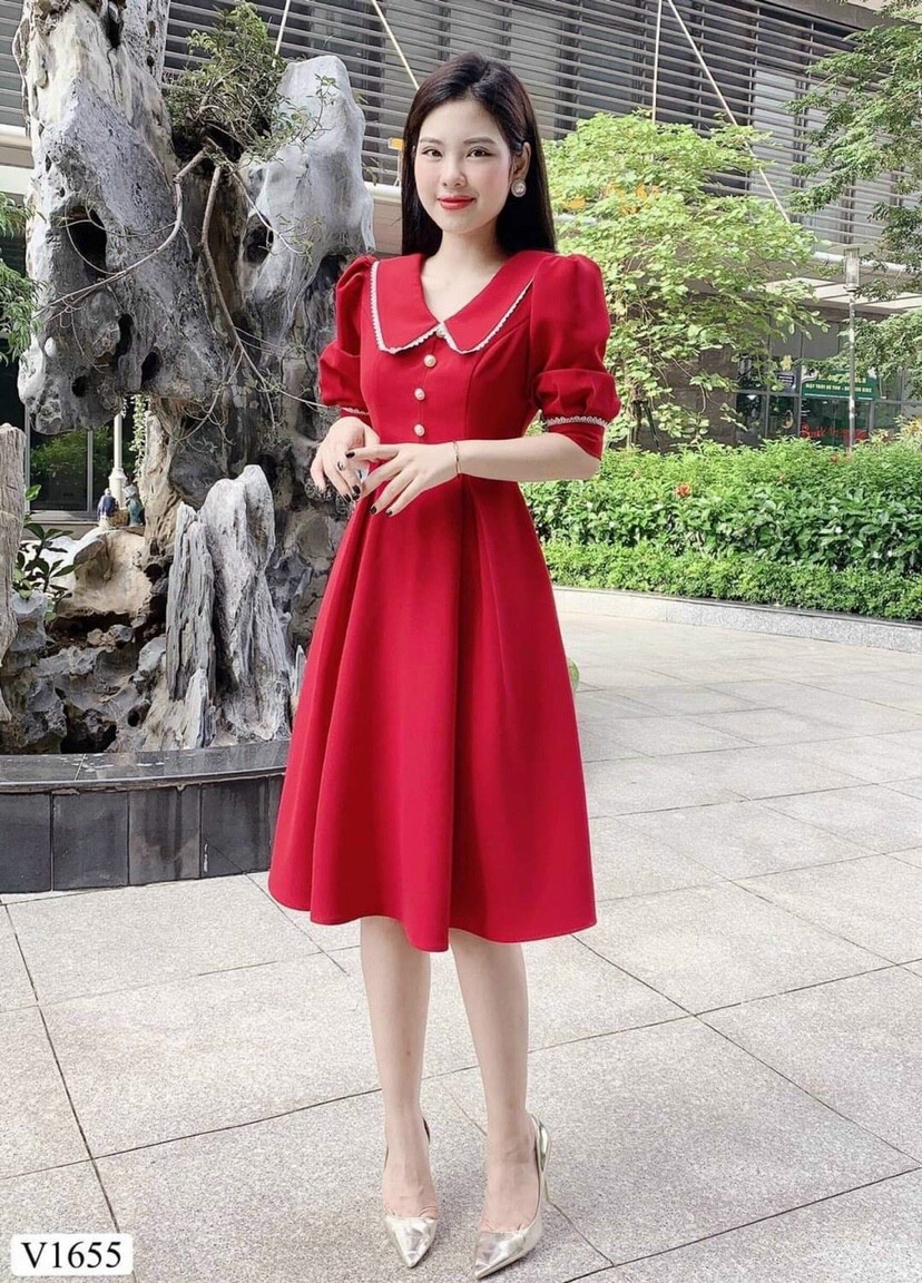 [HCM]ĐẦM TIỂU THƯ CÔNG SỞ CỔ VIỀN TAY PHỒNG ĐÍNH NGỌC LỊCH SỰ TRẺ TRUNG QCS