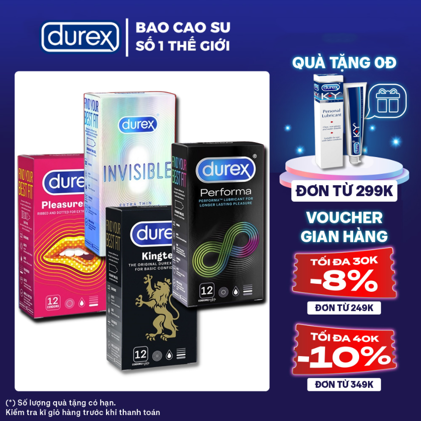 4 Hộp Bao cao su nam nữ Durex Pleasuremax gân gai + Performa kéo dài  + Kingtex size cỡ nhỏ + Invisible Extra Thin [Che tên SP 100%]
