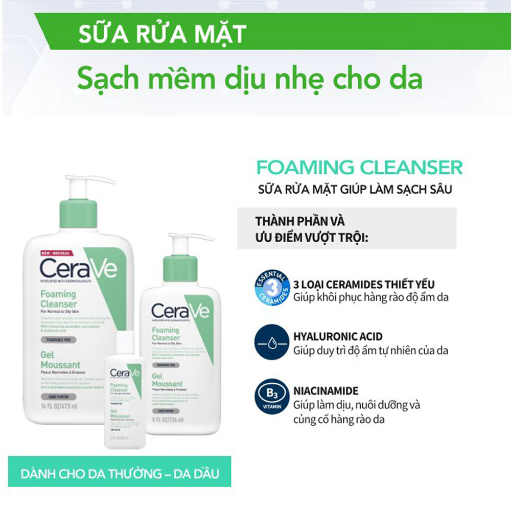 Sữa Rửa Mặt Cerave Foaming Cleanser Cho Da Thường Da Dầu
