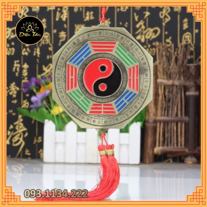 Gương Bát quái âm dương mặt sau hổ phù gương bát quái phong thủy có dây treo tâm kết