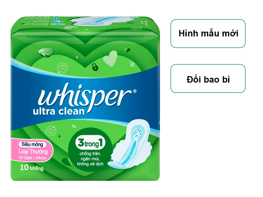 Băng vệ sinh Whisper Ultra Clean siêu thấm có cánh miếng 24CM