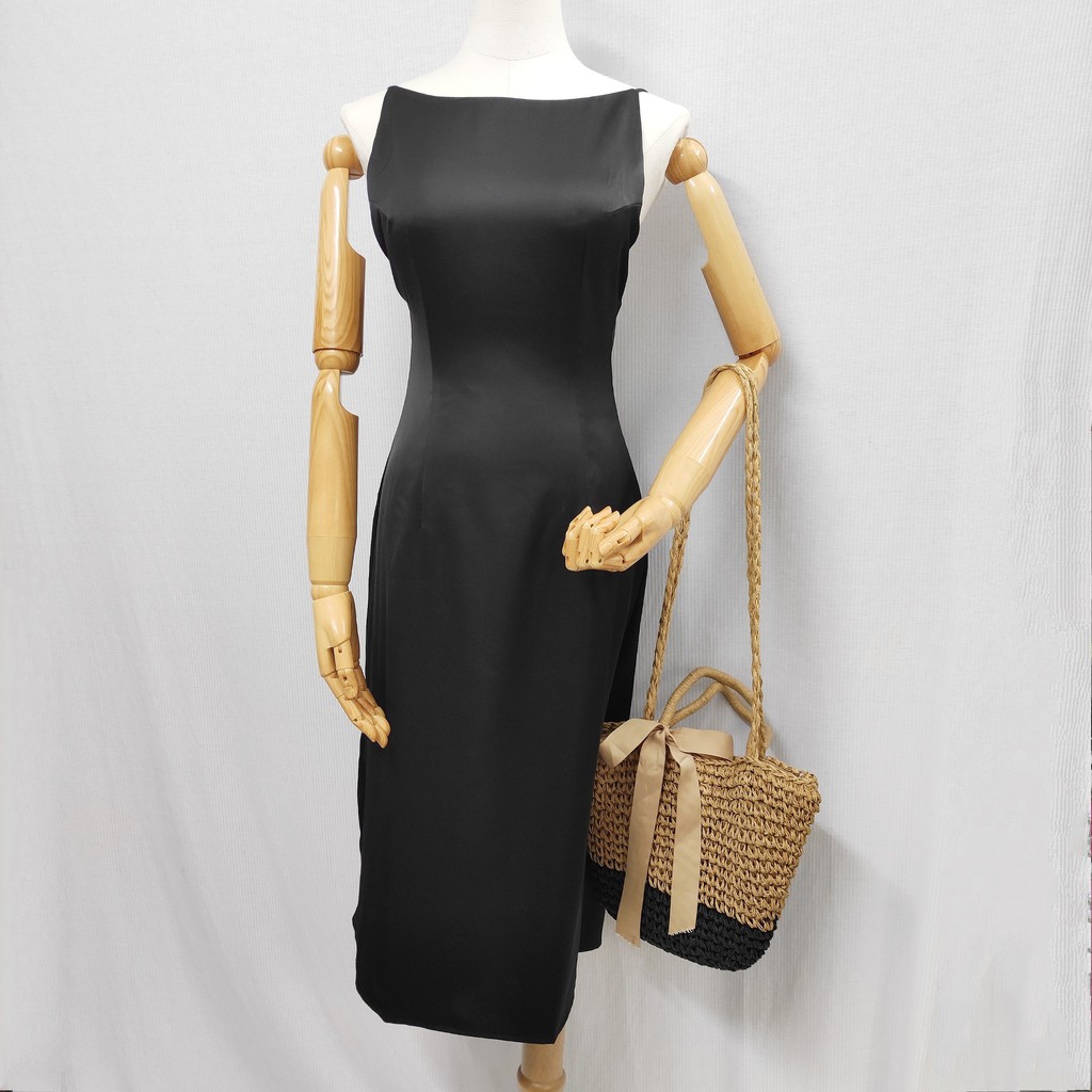 [Ảnh thật] Đầm phi đen 2 dây body cổ thuyền hở lưng