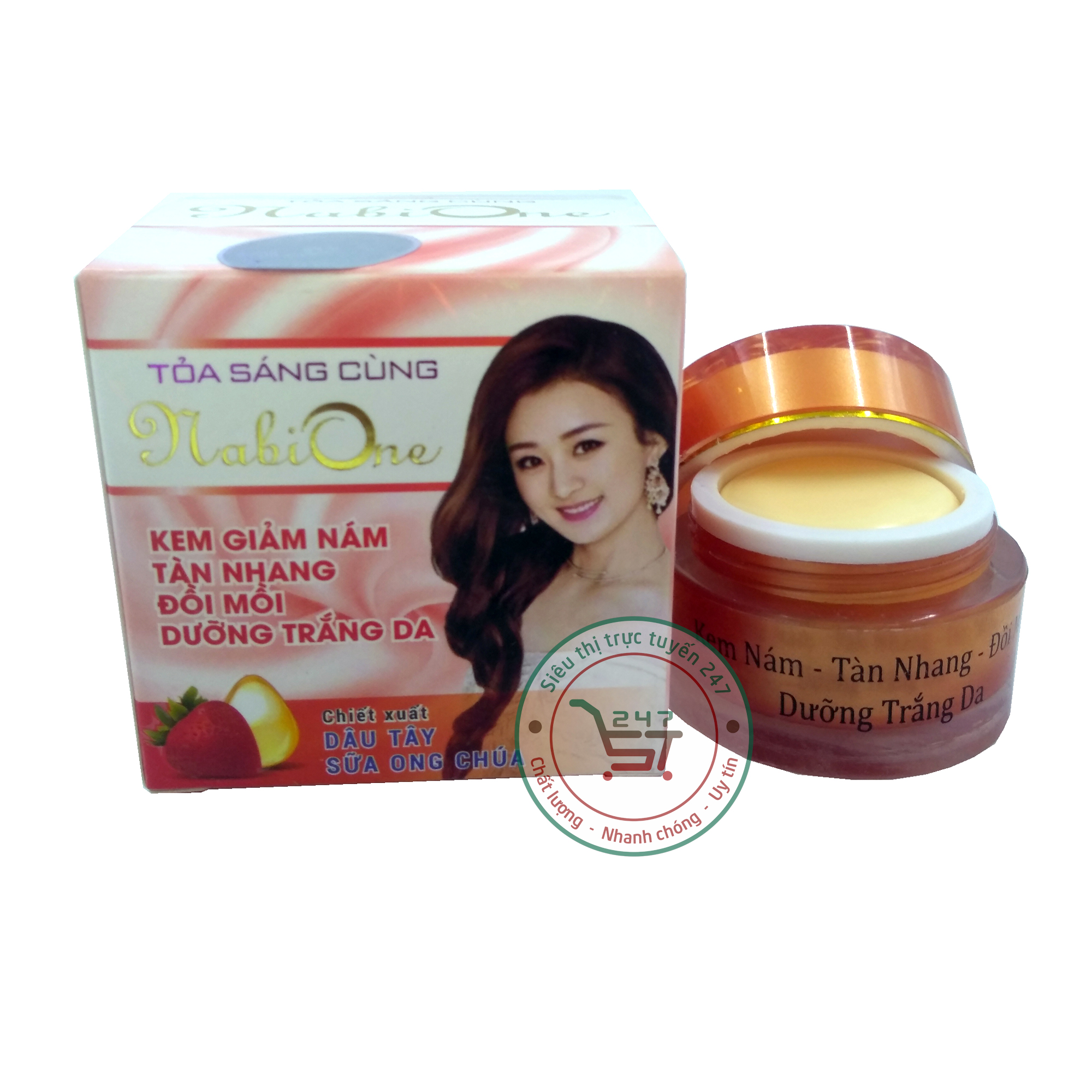 Kem Nám Tàn nhang mờ Nhăn Đồi mồi Trắng da ngừa Lão hóa Dâu Tây Sữa Ong Chúa NabiOne 12g (Trắng-Đỏ)