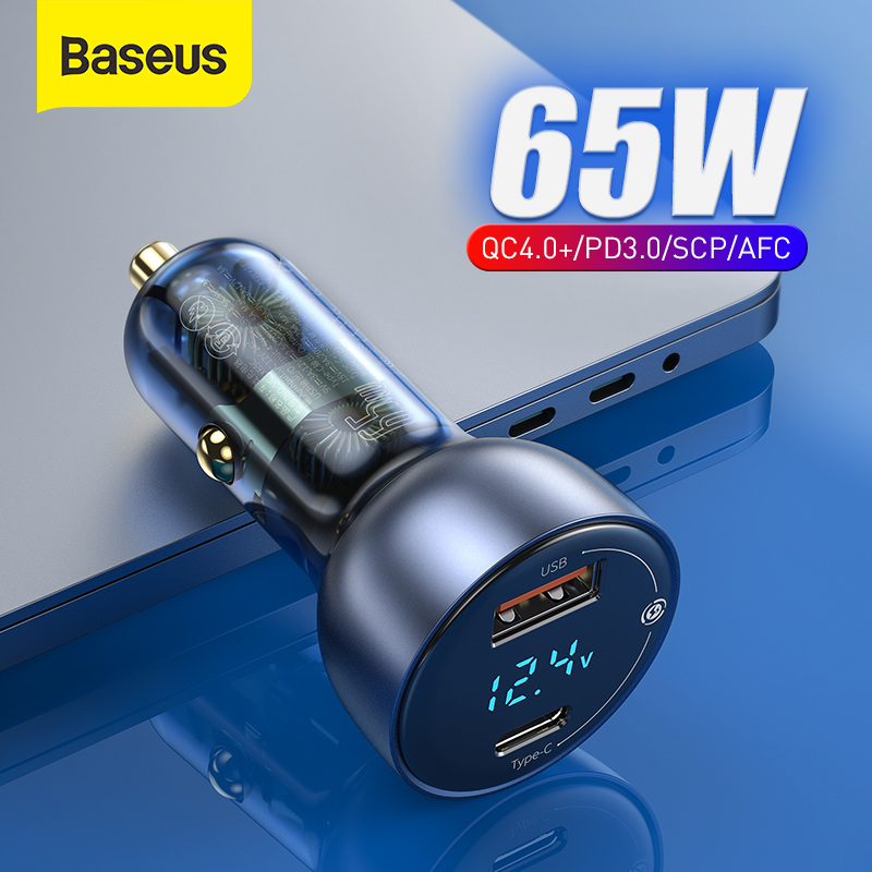 Baseus 65W Fast Car Charger Quick Charge 4.0 3.0 USB Phone Charger for Huawei SCP QC4.0 PD3.0 Type C PD Fast Charging Charger For laptop Tablet
