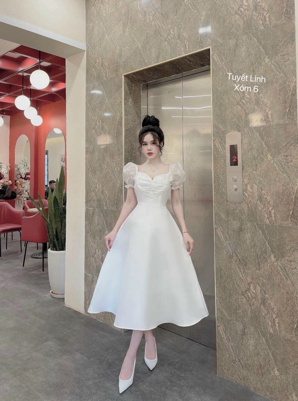 Đầm công chúa dáng xòe đính cườm viền ngực phối voan ngắn tay chất tapda phong cách DX