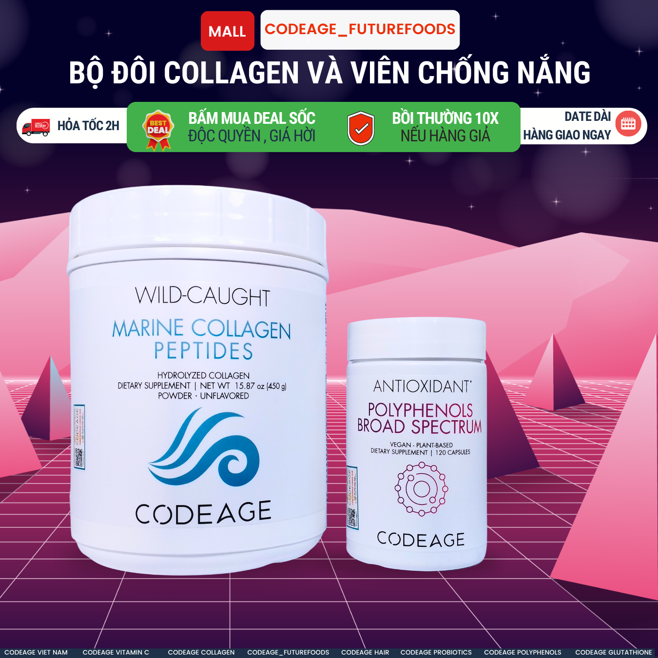Combo Da Khỏe Săn Chắc, Chống Nắng Hiệu Quả Codeage Collagen Peptides + Codeage Polyphenols Broad Spectrum