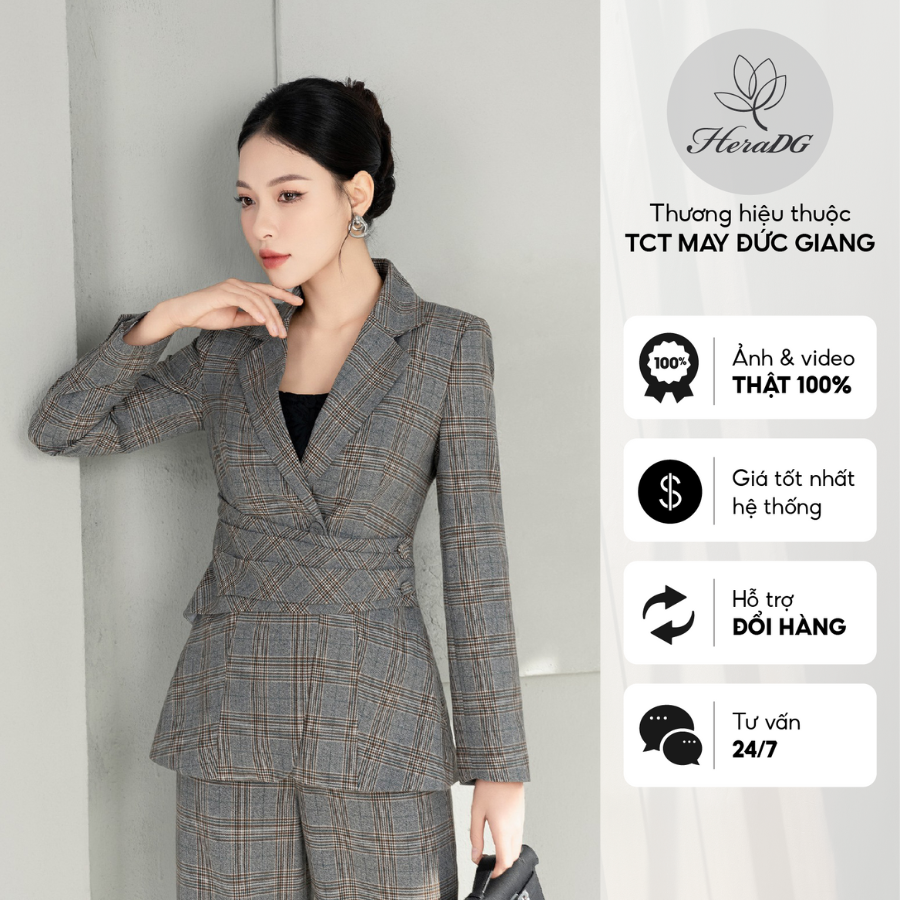 Voucher siêu sale 15% Áo vest nữ HeraDG dáng ôm eo vắt vạt, họa tiết kẻ độc đáo, chất tuytsi cao cấp WSTBC1029A