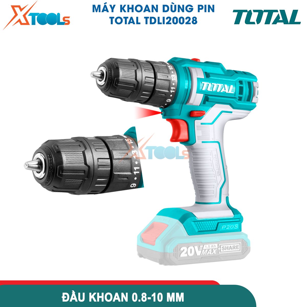 Máy khoan pin cầm tay TOTAL TDLI20028 pin Lithium 20V, khả năng khoan tối đa 0.8-10mm, kèm 2 pin 1.5Ah 1 sạcxtools