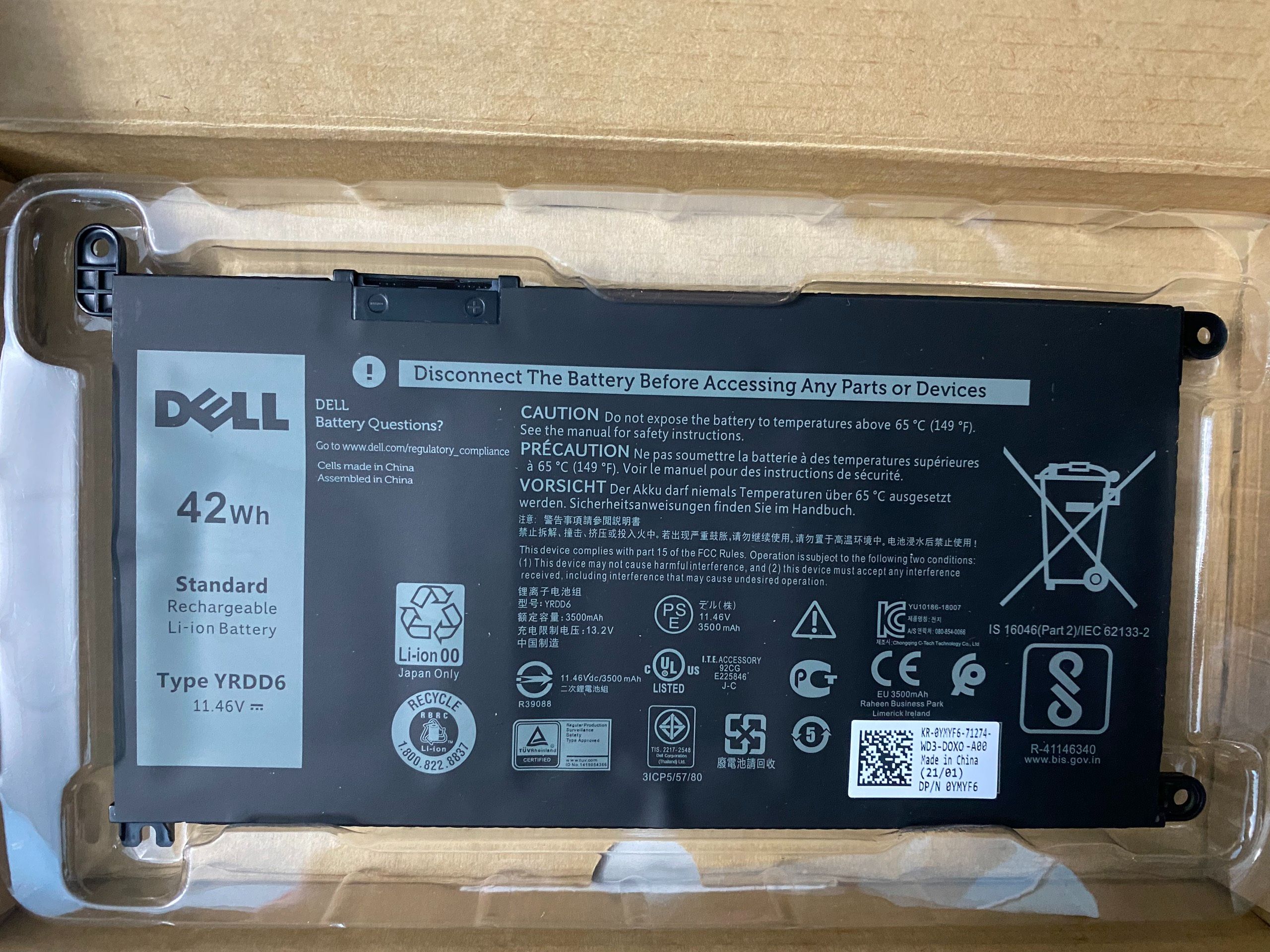 Pin laptop dell inspiron 5481 3493 5480 7586, vostro 3491 5481 5581 5490 – vostro 5481 mã pin yrdd6 - 42wh – 3 cell - hàng mới 100%