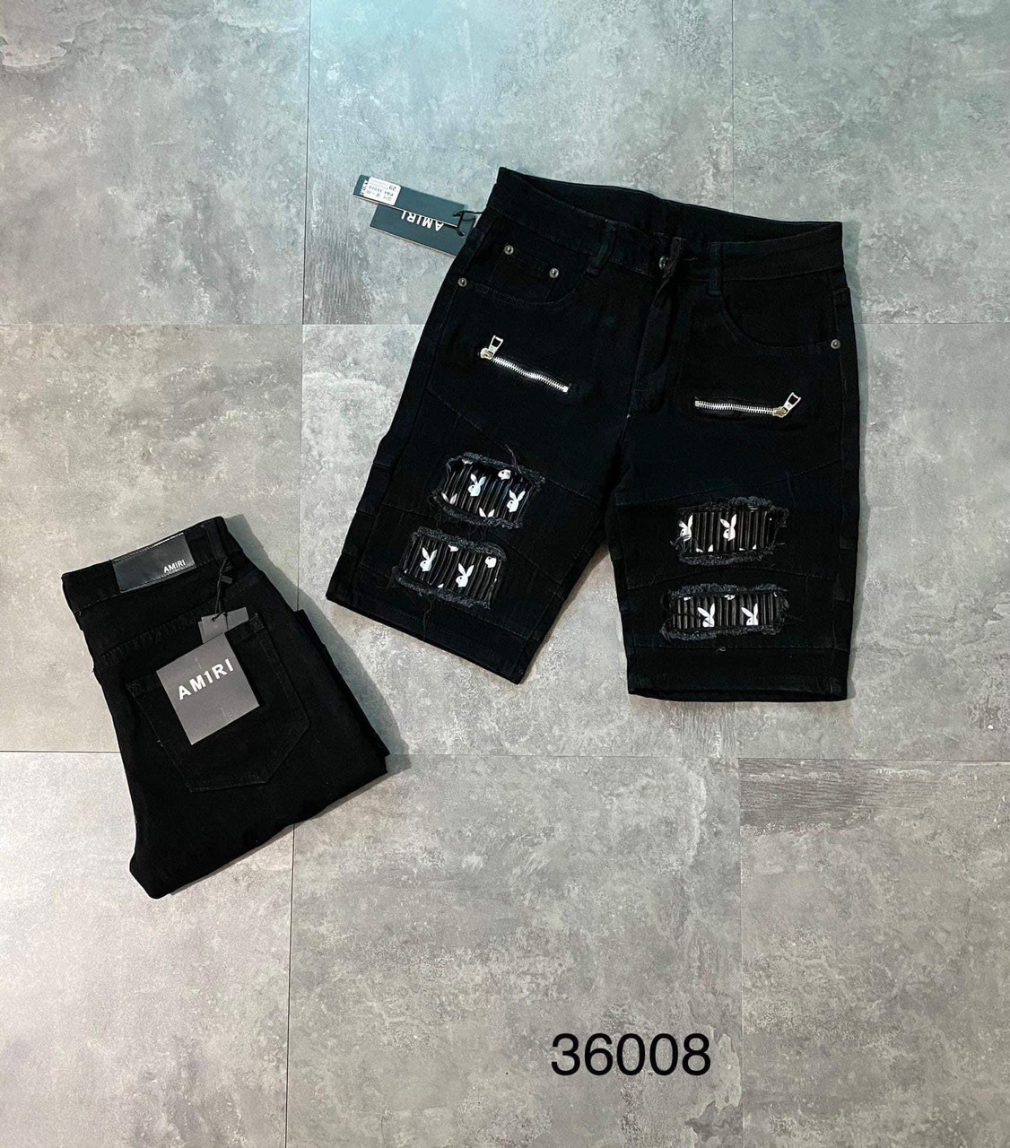 Quần short jean nam AMIRI tai thỏ bạ vải khóa 2 dây kéo chất bò co dãn chuẩn đẹp vải dày