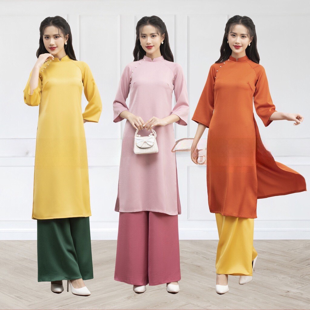Áo dài cách tân màu cam- vàng-  hồng nhạt