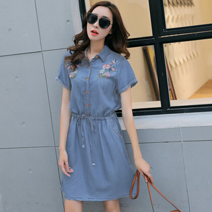 [HCM]Đầm Jean Nữ Thêu Hoa Dây Rút Eo