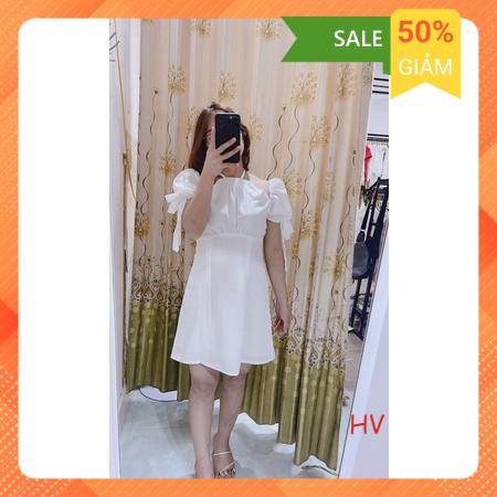 Váy tơ lụa cổ yếm nơ tay 2 màu siêu xinh