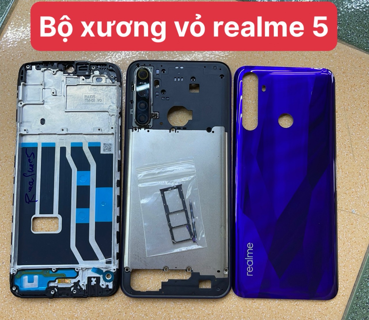 Bộ xương vỏ+khay sim+kính camera+phím bấm realme 5 / 5S zin