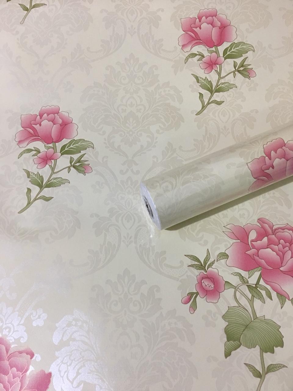giấy dán tường hoa ly đơn hồng cuộn 10m khổ rộng 45cm có keo dán sẵn