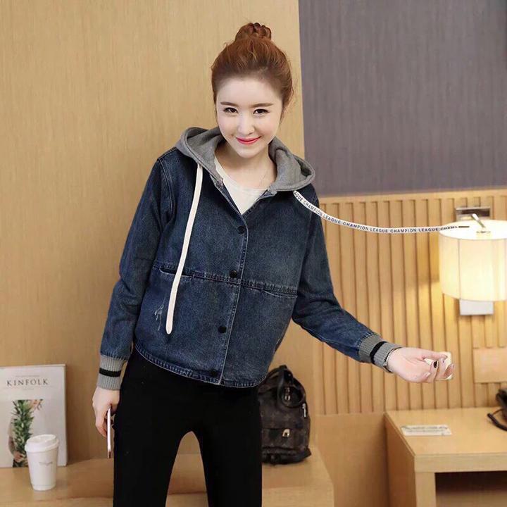 Áo khoác jean mềm tay bo thun nón cổ