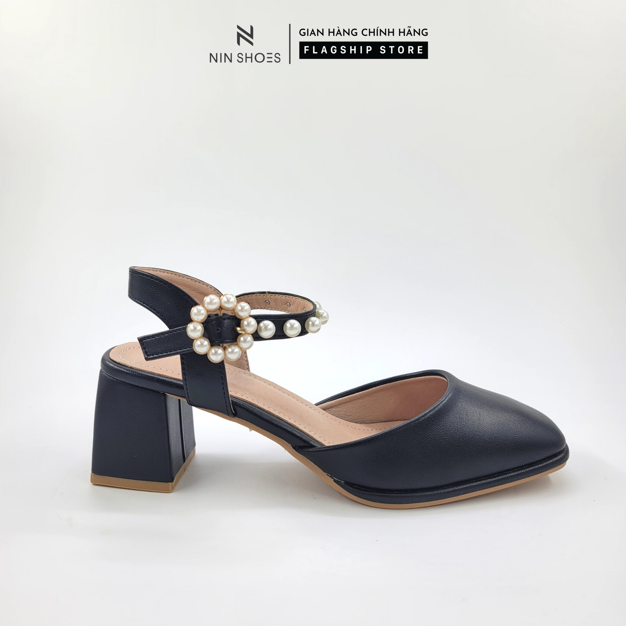 Ninshoes high heels Mary Jane 5p round toe square sole with gem strap
