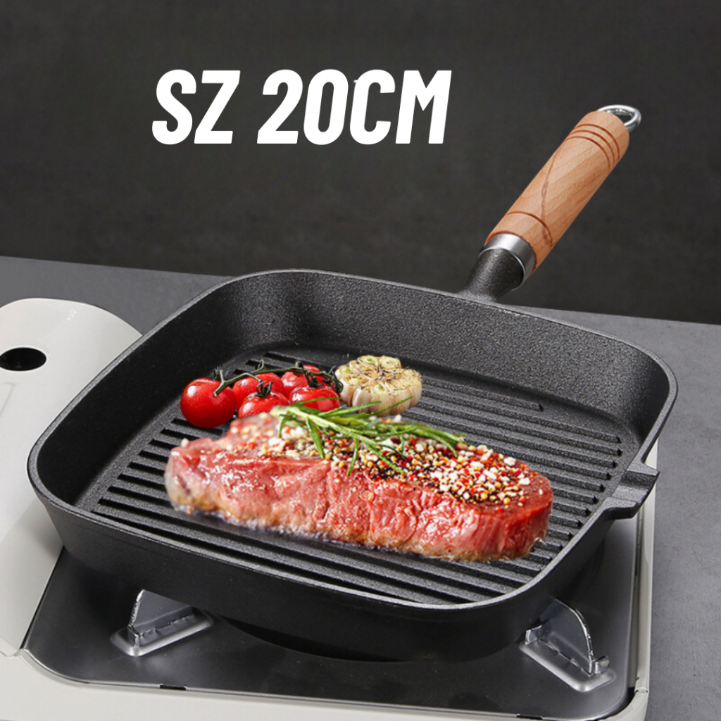 Chảo Nướng BBQ Hàn Quốc 22CM, Chảo Gang Đúc Thủ Công Siêu Chắc Chắn, Áp Chảo Bò Bít Tết Biến Bạn Thành 1 Đầu Bếp Khi Mua Nó
