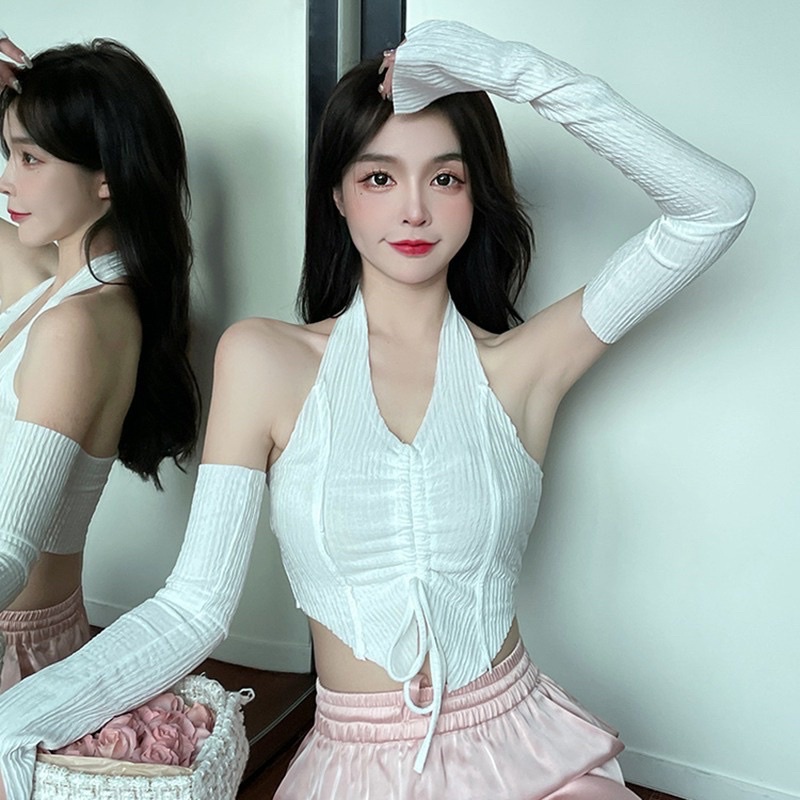 Áo kiểu dây choàng cổ rút dây ngực + tay phối