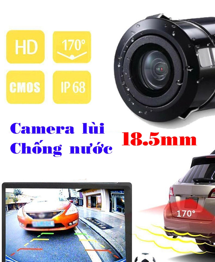 Camera lùi ahd, ccd lắp cản sau xe ô tô khoan lỗ 18.5mm dây 6 mét giao diện av