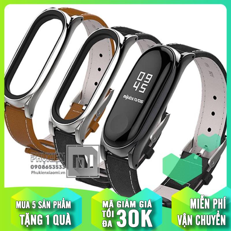 [3 màu] Vòng thay thế cho Xiaomi Miband 3/4 Mijobs dây da mặt kim loại