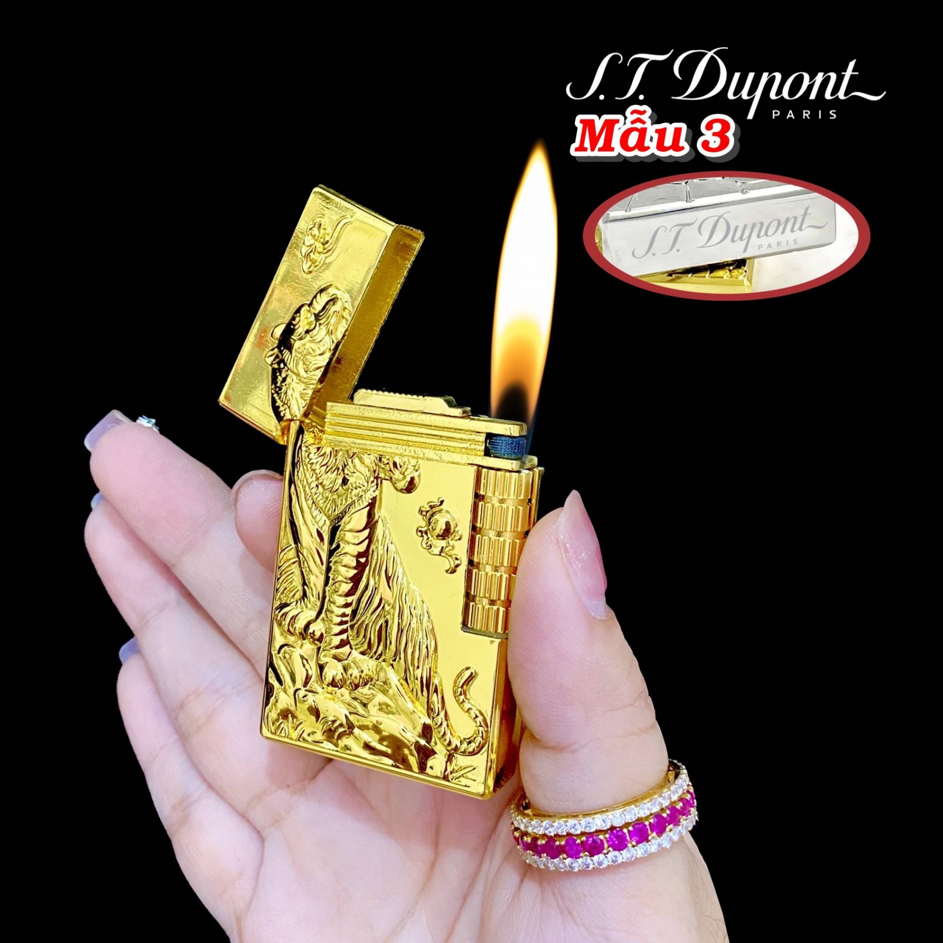 Hột quẹt bật lửa dupont hình cọp vàng sáng bóng xài ga có hộp làm quà tặng