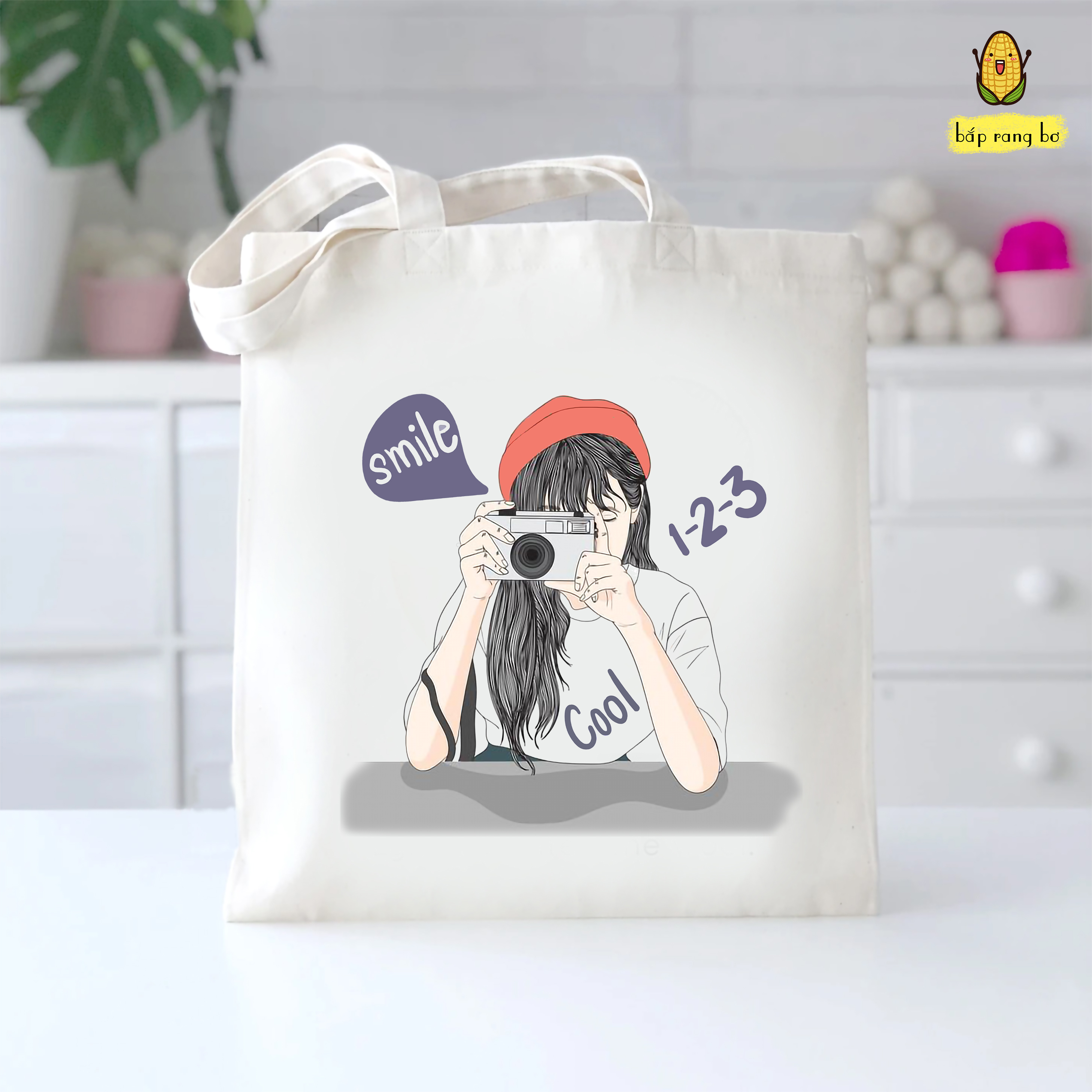 TÚI TOTE VUÔNG CÔ GÁI MÁY ẢNH  (CÓ TÚI CON) - VẢI CANVAS