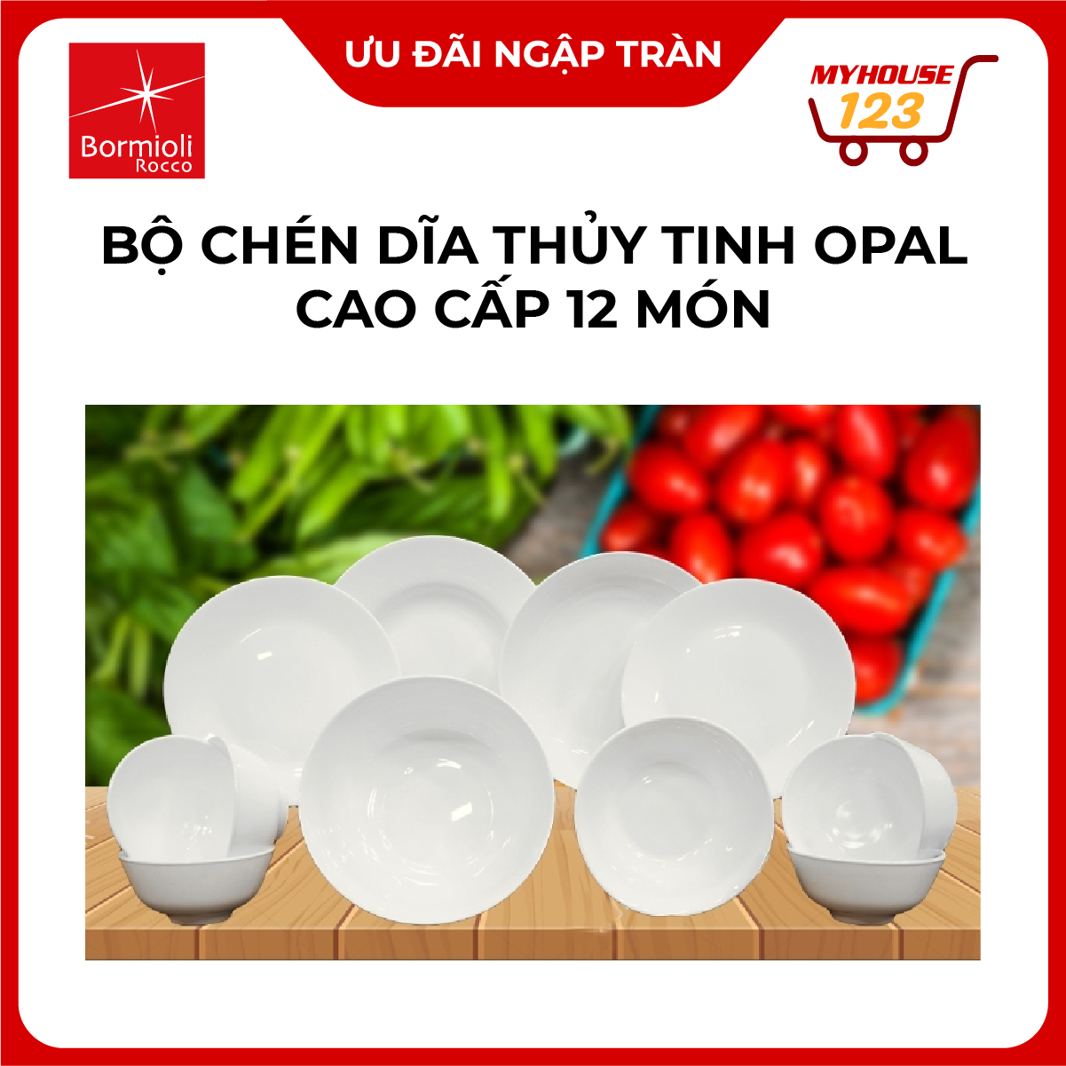 Bormioli rocco bộ chén dĩa thủy tinh opal cao cấp 12 món