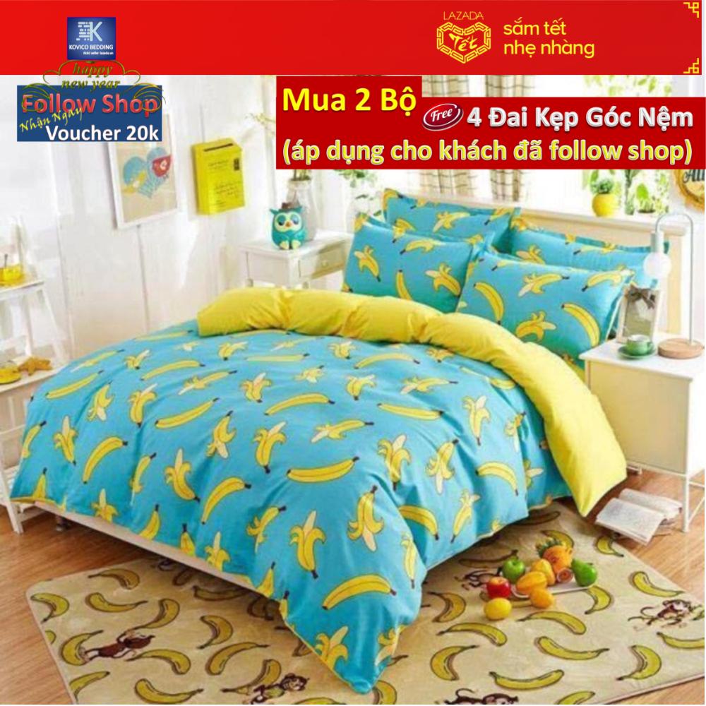 (FreeShip MAX) Bộ chăn ga gối poly Trái chuối vàng 1m6x2m