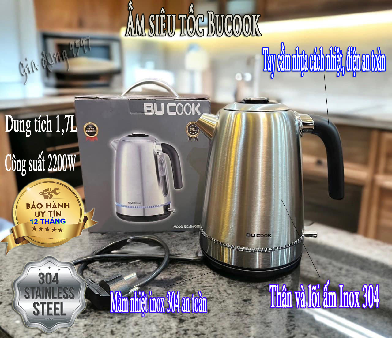Ấm đun nước siêu tốc Bucook Inox 304 dung tích 1.7L công suất 2200W, ấm Inox đun nước cao cấp 2 lớp inox mâm nhiệt Inox an toàn tối đa. Chính hãng bảo hành 12 tháng