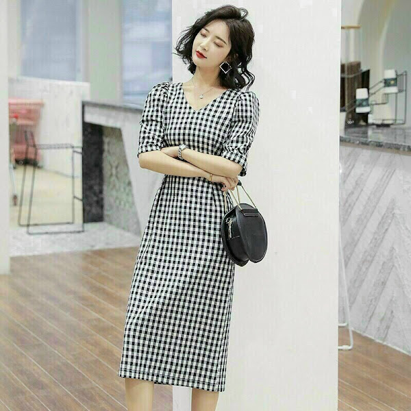 [HCM]ĐẦM CARO EO THẮT NƠ CỔ V TAY PHỒNG