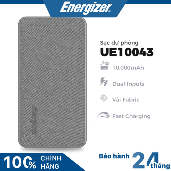 Sạc dự phòng Energizer 10000mAh UE10043- Fast charging, thiết kế bọc vải fabric thời trang chống bám vân tay - Hàng chính hãng