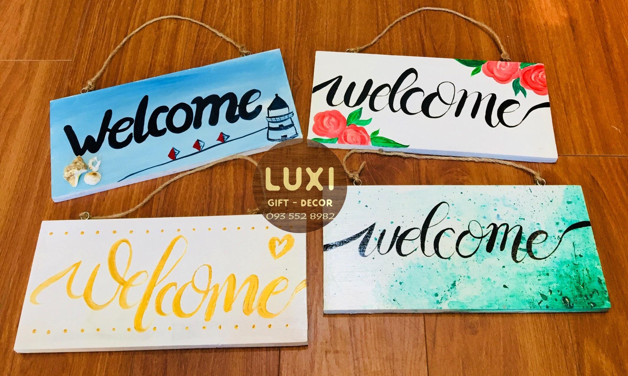 Bảng gỗ vẽ tay 1 mặt Welcome 07 (trắng, đỏ) LUXI decor