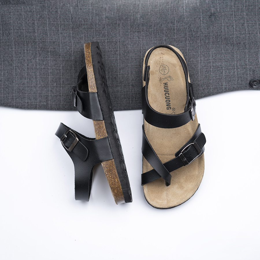 Giày Sandal đế trấu unisex xỏ ngón da pu đen