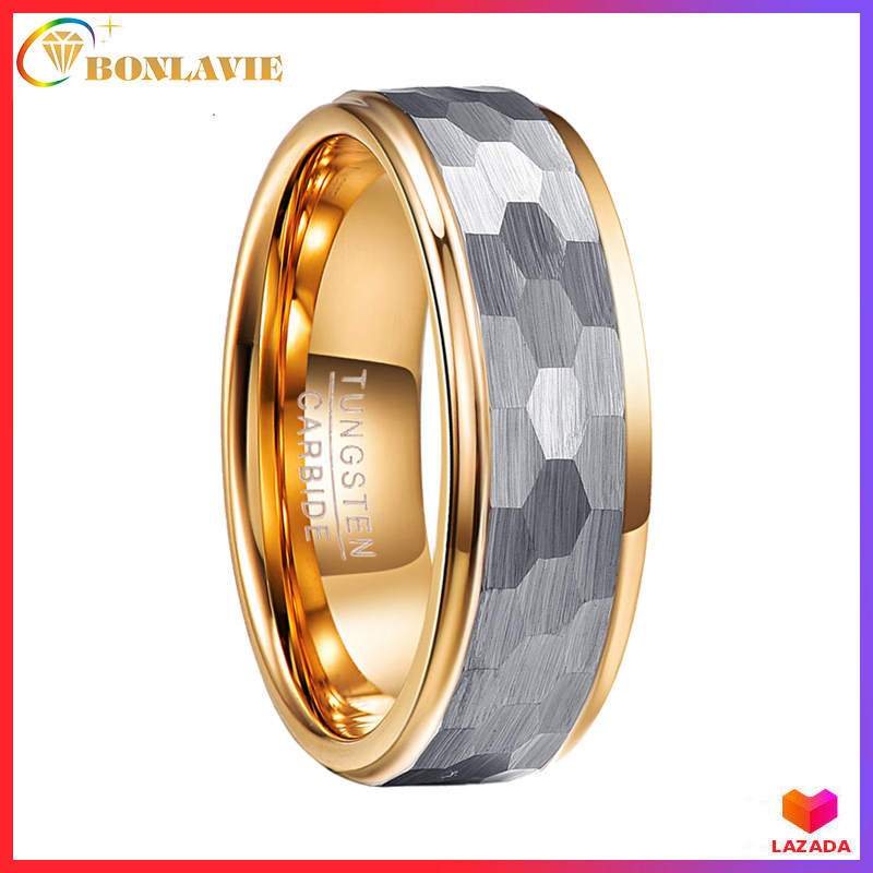 BONLAVIE Men's 8mm 100% Real Tungsten Wedding Band Ring Hammered Finish Gold Plated Edge Size 7 to 12