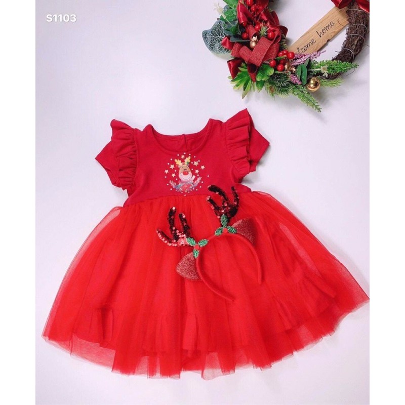 Váy đỏ hươu tuần lộc tay cánh tiên cho bé gái ( tặng kèm bờm )