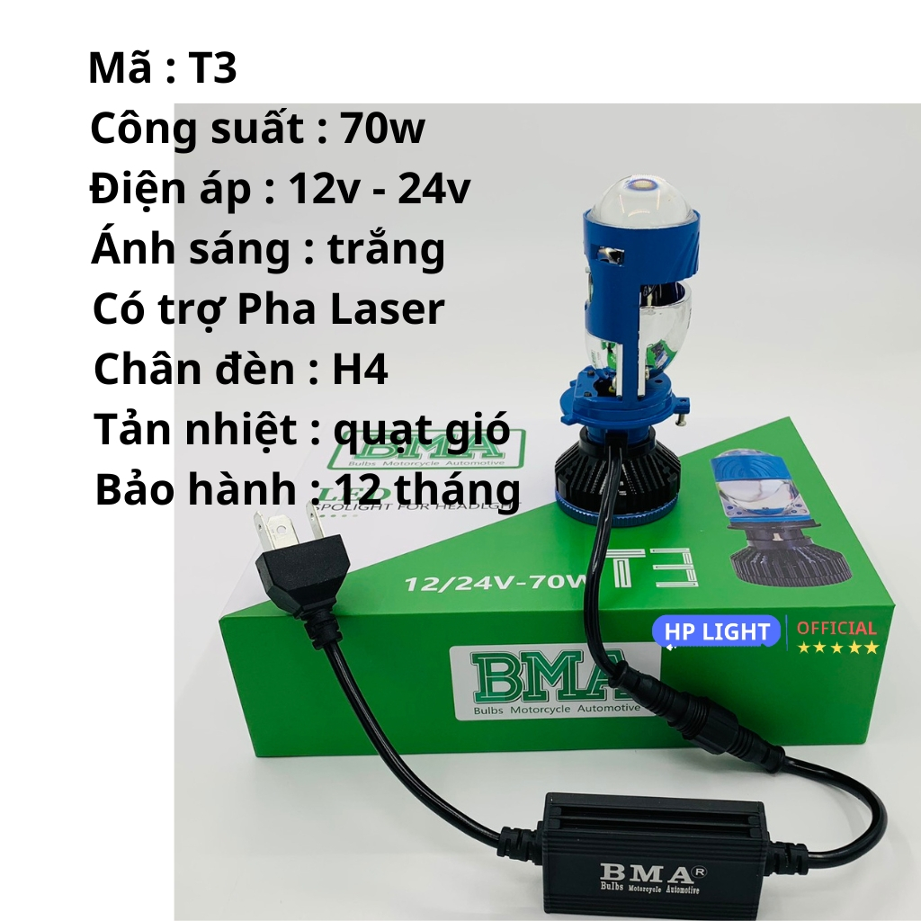 [Tặng hậu audi] Bi led pha mini T3 mới BMA 70W chân H4, bản nâng cấp với nhân trợ pha siêu sáng