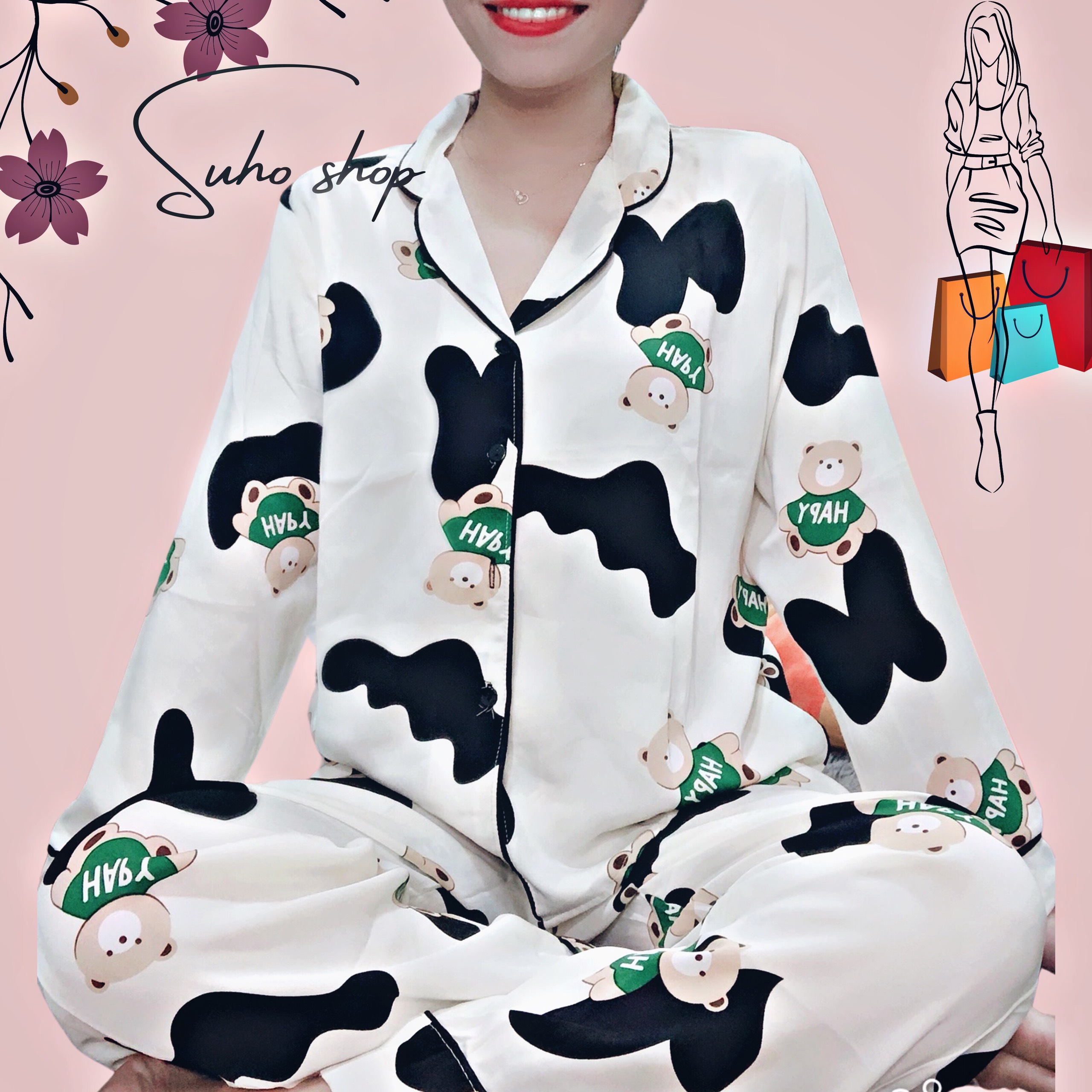 Đồ bộ Pyjama lụa tay dài chất lụa Mango mềm mịn, mát mượt