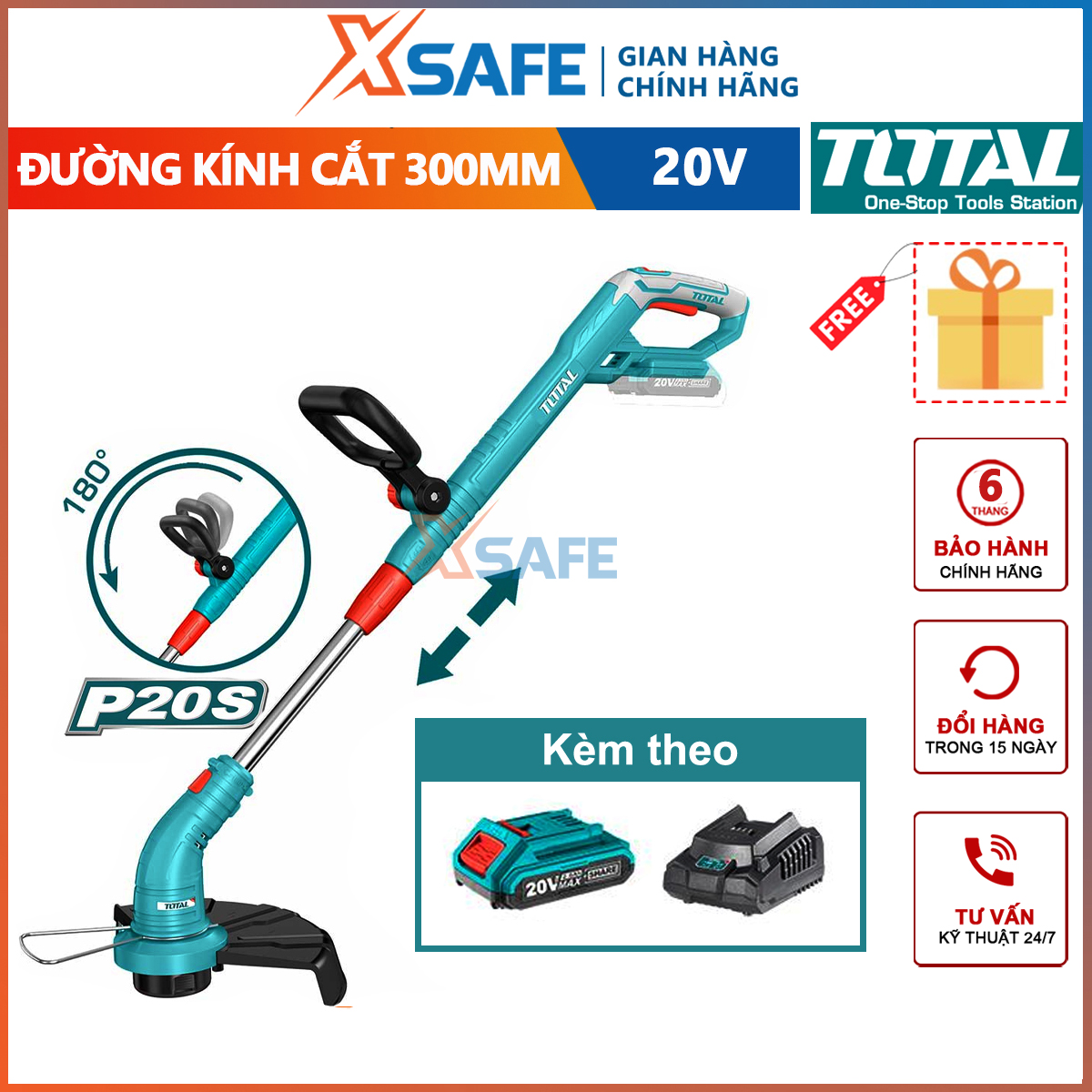 Lawn mower battery lithium-ion 20V total TGTLI20301 , lawn mower type monofilament 1,6mm twisted, wire length: 5m cutting diameter 300mm, voltage 220V-240V ~ 50/60Hz, trimming grass fast line cut evenly-xsafe
