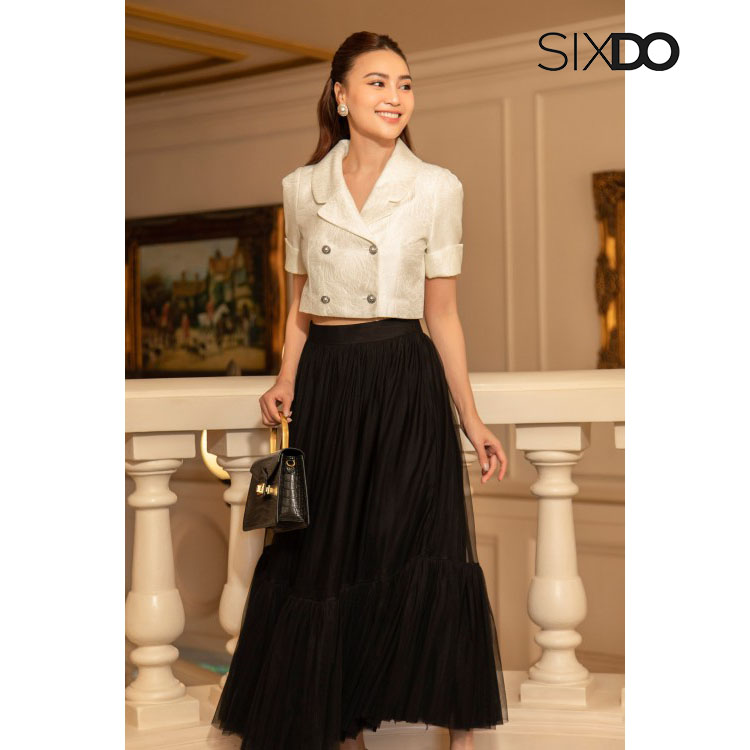 Áo Vest nữ trắng dáng lửng SIXDO (White Rose Cropped Brocade Vest)